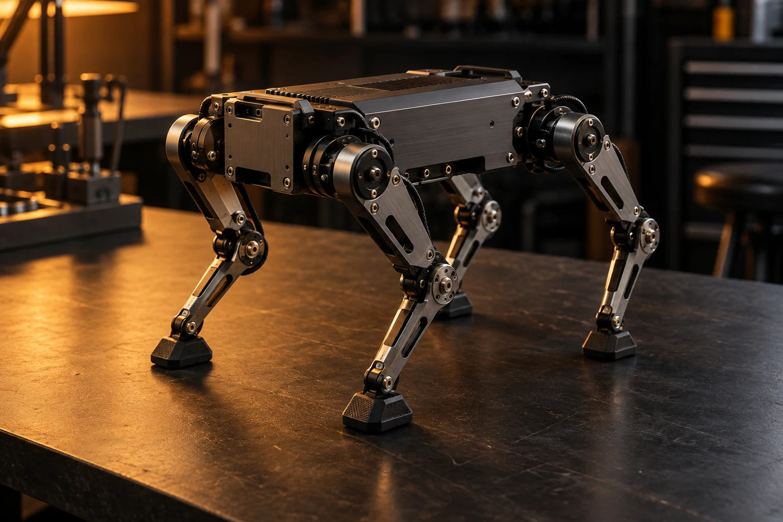 Concept illustration of a compact four-legged research robot with articulated metal legs