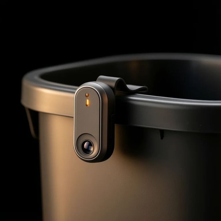 Alternative enclosure study showing a compact sensor module clipped over a bin rim